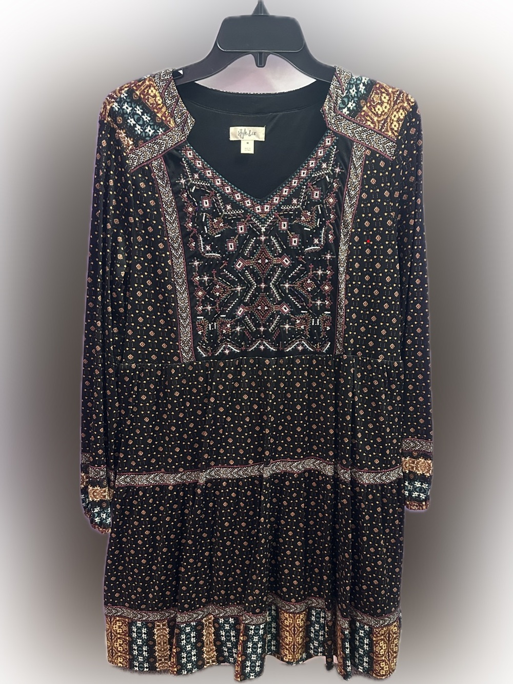 Style & Co. Black Boho Long-Sleeve V-Neck Dress with Multicolor Print